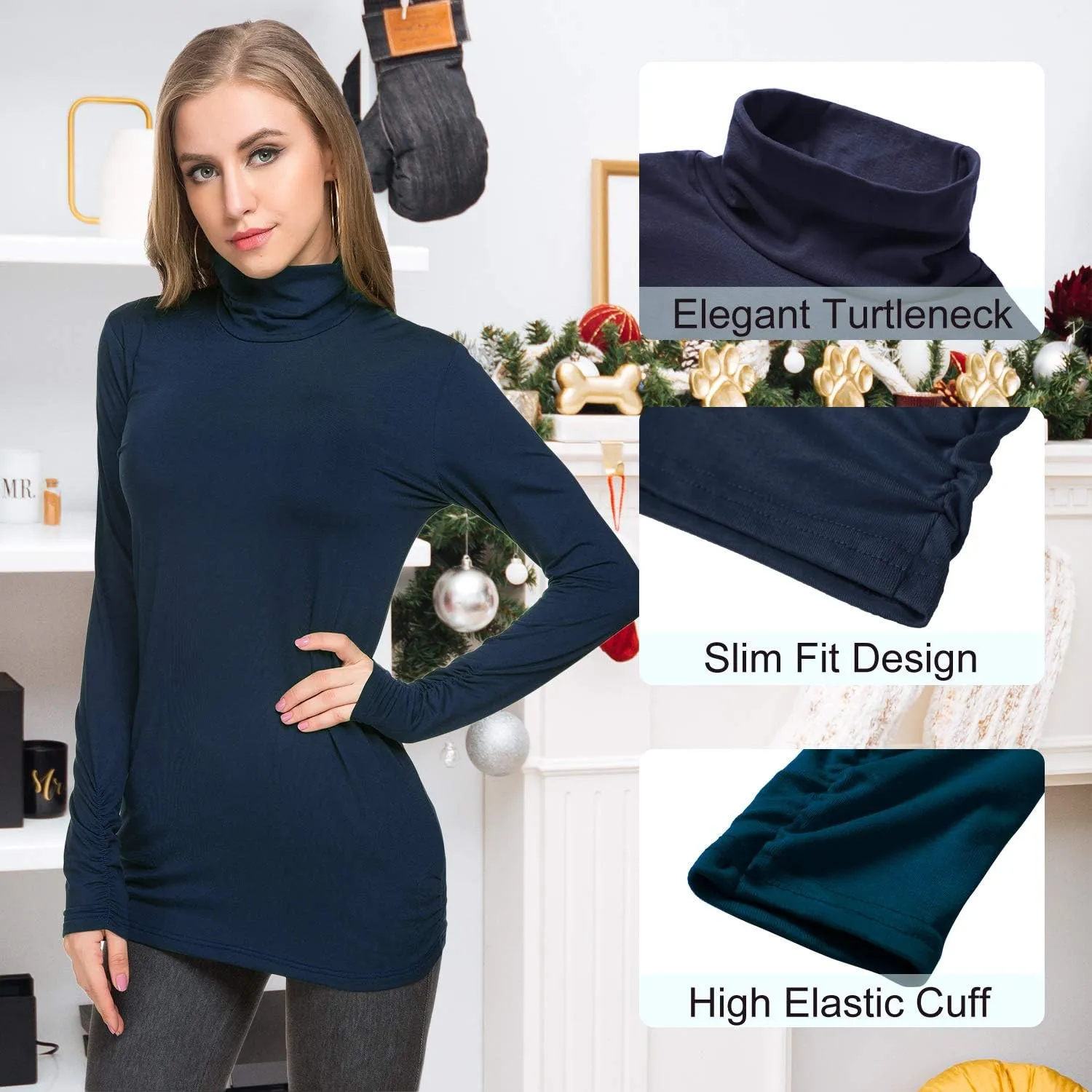 Womens Mock Turtleneck Tops Long Sleeve Fleece Lined Lightweight Thermal Base Layer