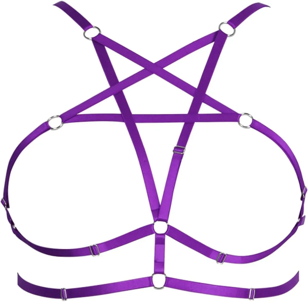 Womens Plus Size Full Cage Body Harness Hollow Out Pentagram Harajuku Adjustable Elastic Punk Gothic Halloween Rave