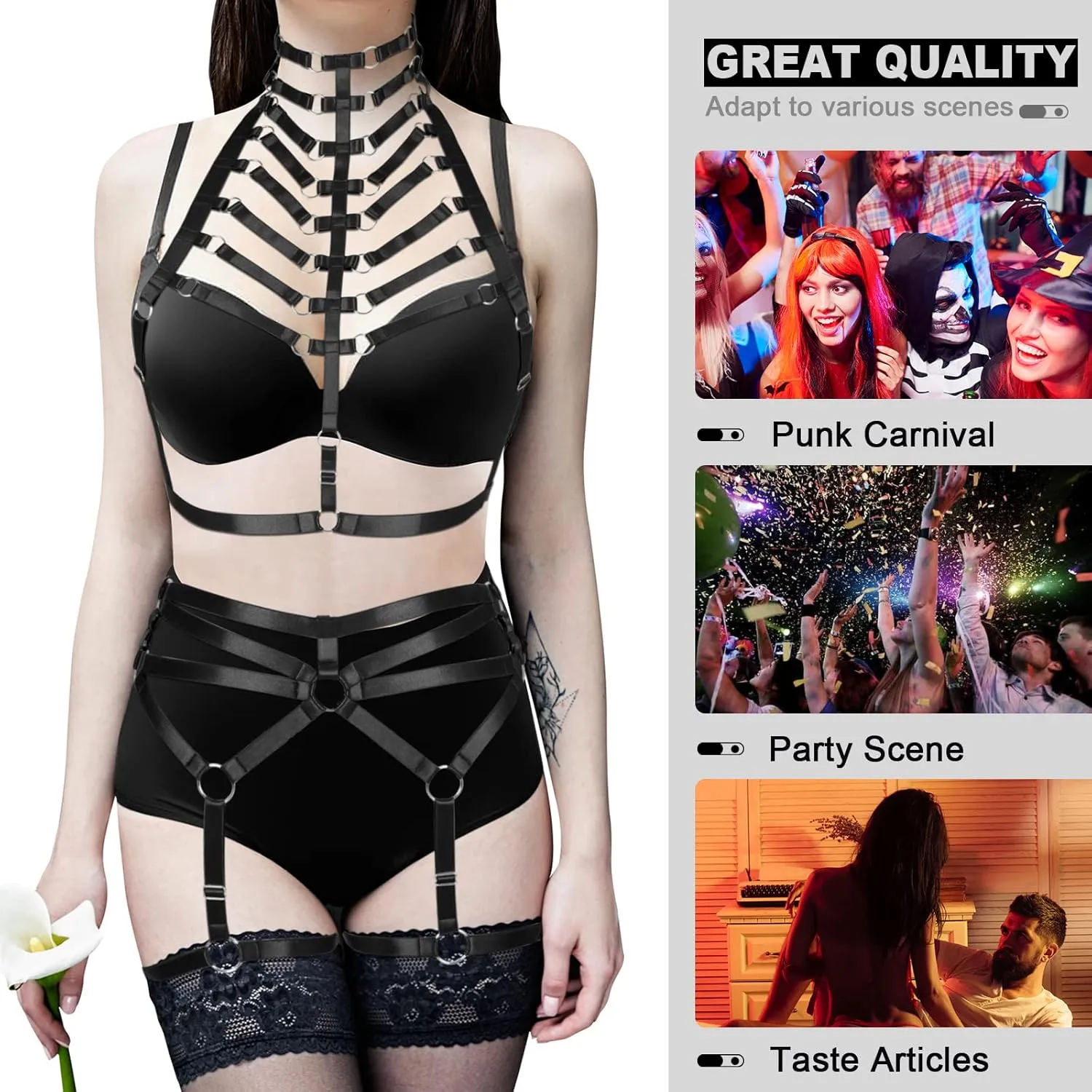 Women's Punk Body Harness Lingerie Full Waist Garter Belts Set Strappy Frame Cage Rave bras