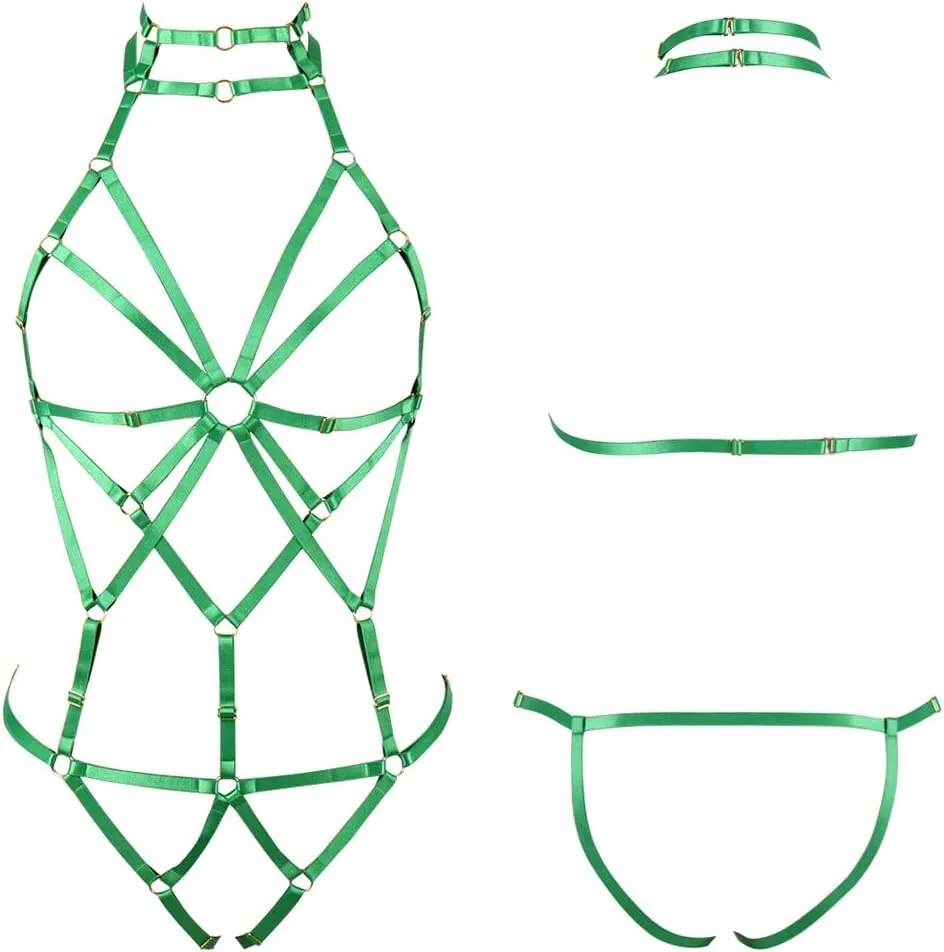 Women's Punk Body Harness Lingerie Full Waist Garter Belts Set Strappy Frame Cage Rave bras