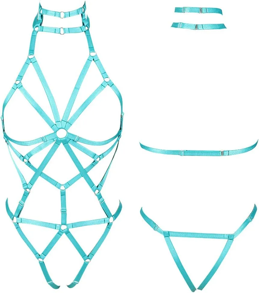 Women's Punk Body Harness Lingerie Full Waist Garter Belts Set Strappy Frame Cage Rave bras