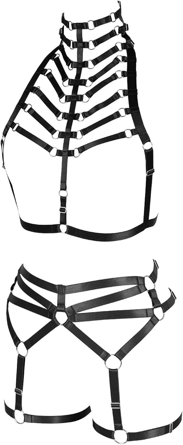 Women's Punk Body Harness Lingerie Full Waist Garter Belts Set Strappy Frame Cage Rave bras