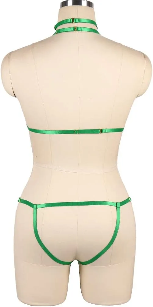 Women's Punk Body Harness Lingerie Full Waist Garter Belts Set Strappy Frame Cage Rave bras