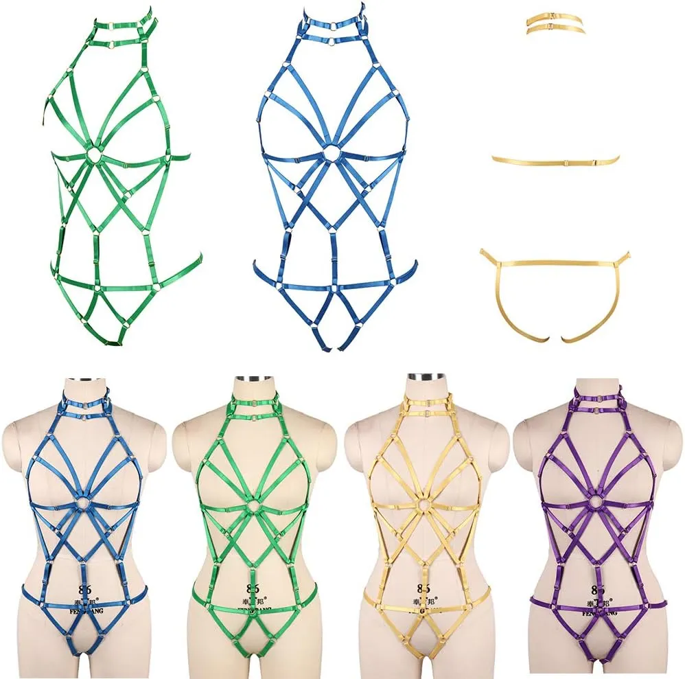 Women's Punk Body Harness Lingerie Full Waist Garter Belts Set Strappy Frame Cage Rave bras