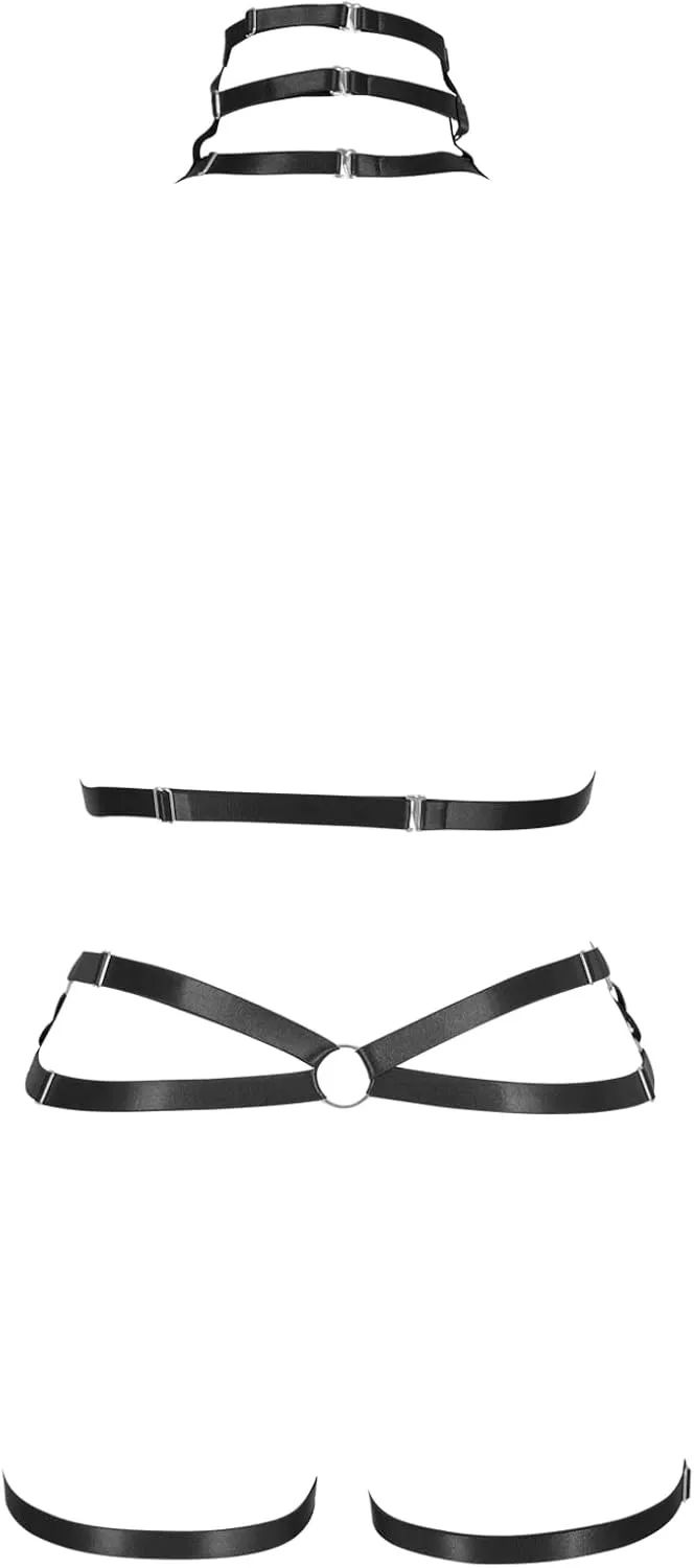 Women's Punk Body Harness Lingerie Full Waist Garter Belts Set Strappy Frame Cage Rave bras