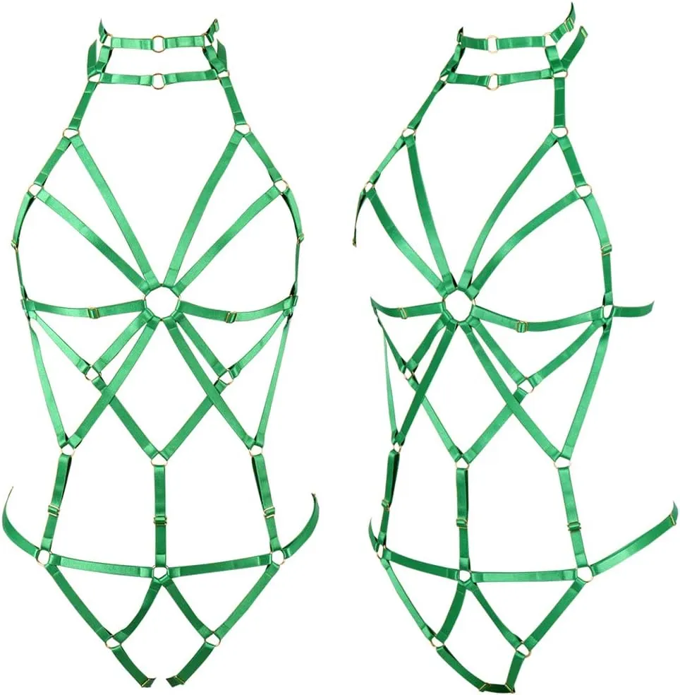 Women's Punk Body Harness Lingerie Full Waist Garter Belts Set Strappy Frame Cage Rave bras