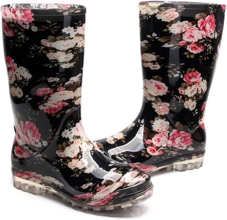 Womens Rain and Garden Boot Half Calf Rubber Rainboots Floral Printed Waterproof for Garden Women rain Footwear