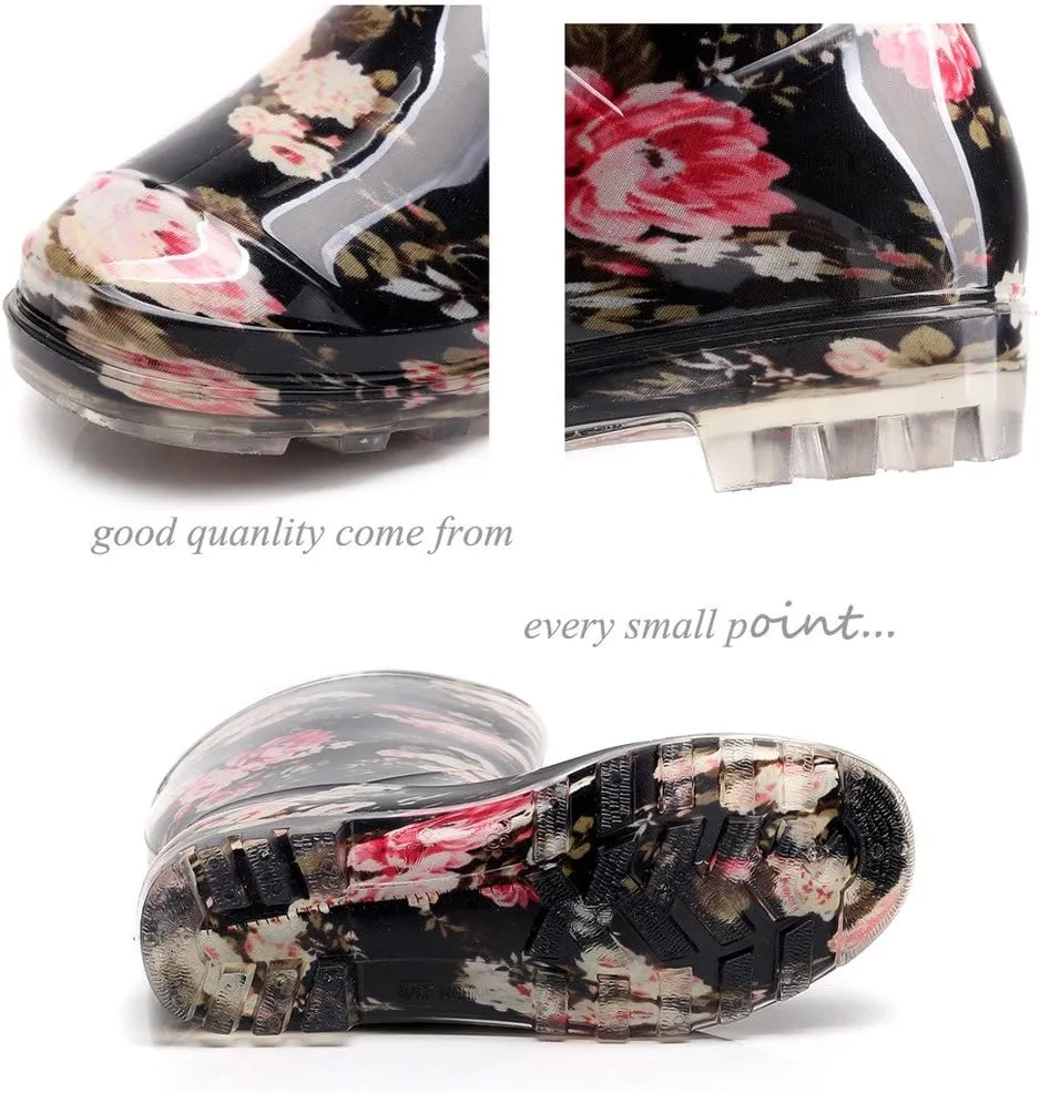Womens Rain and Garden Boot Half Calf Rubber Rainboots Floral Printed Waterproof for Garden Women rain Footwear