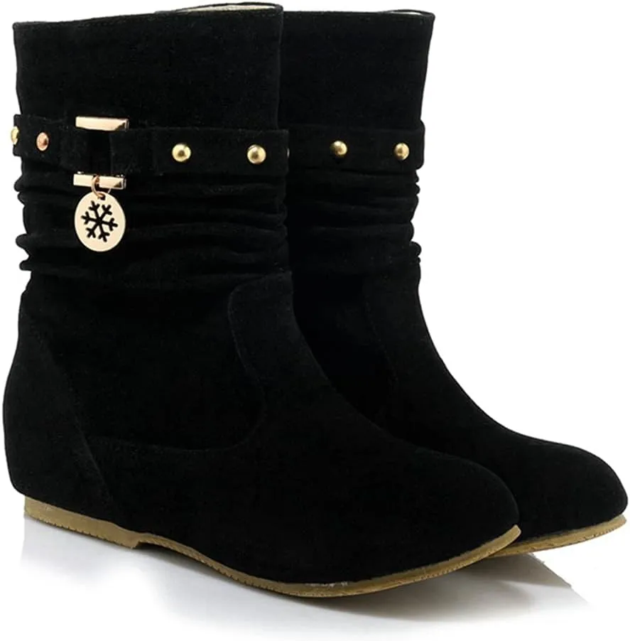 Women's Winter Suede Slouch Ankle Boots Metallic Low Wedge Hidden Heel Pull On Dressy Short Booties