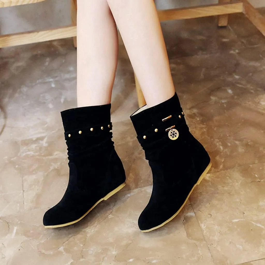 Women's Winter Suede Slouch Ankle Boots Metallic Low Wedge Hidden Heel Pull On Dressy Short Booties