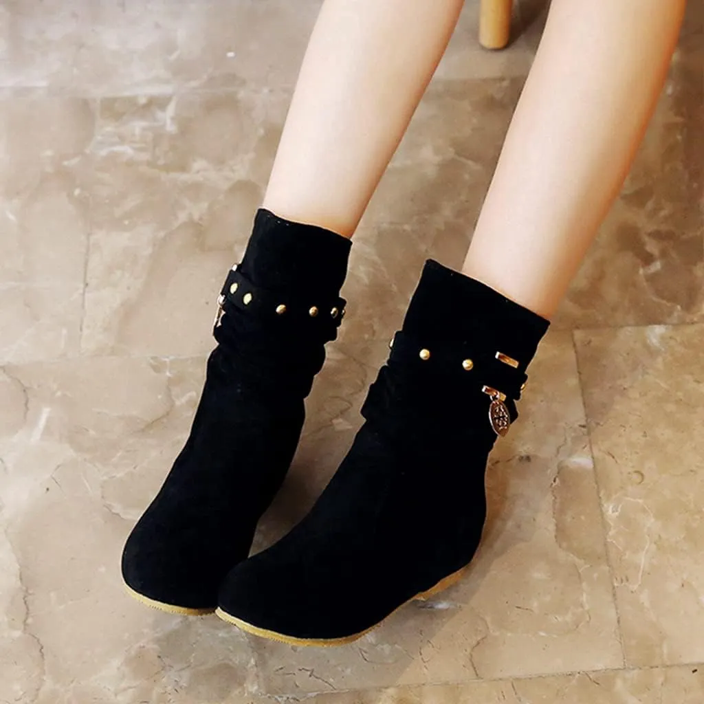 Women's Winter Suede Slouch Ankle Boots Metallic Low Wedge Hidden Heel Pull On Dressy Short Booties