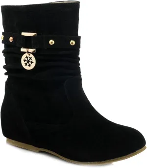 Women's Winter Suede Slouch Ankle Boots Metallic Low Wedge Hidden Heel Pull On Dressy Short Booties