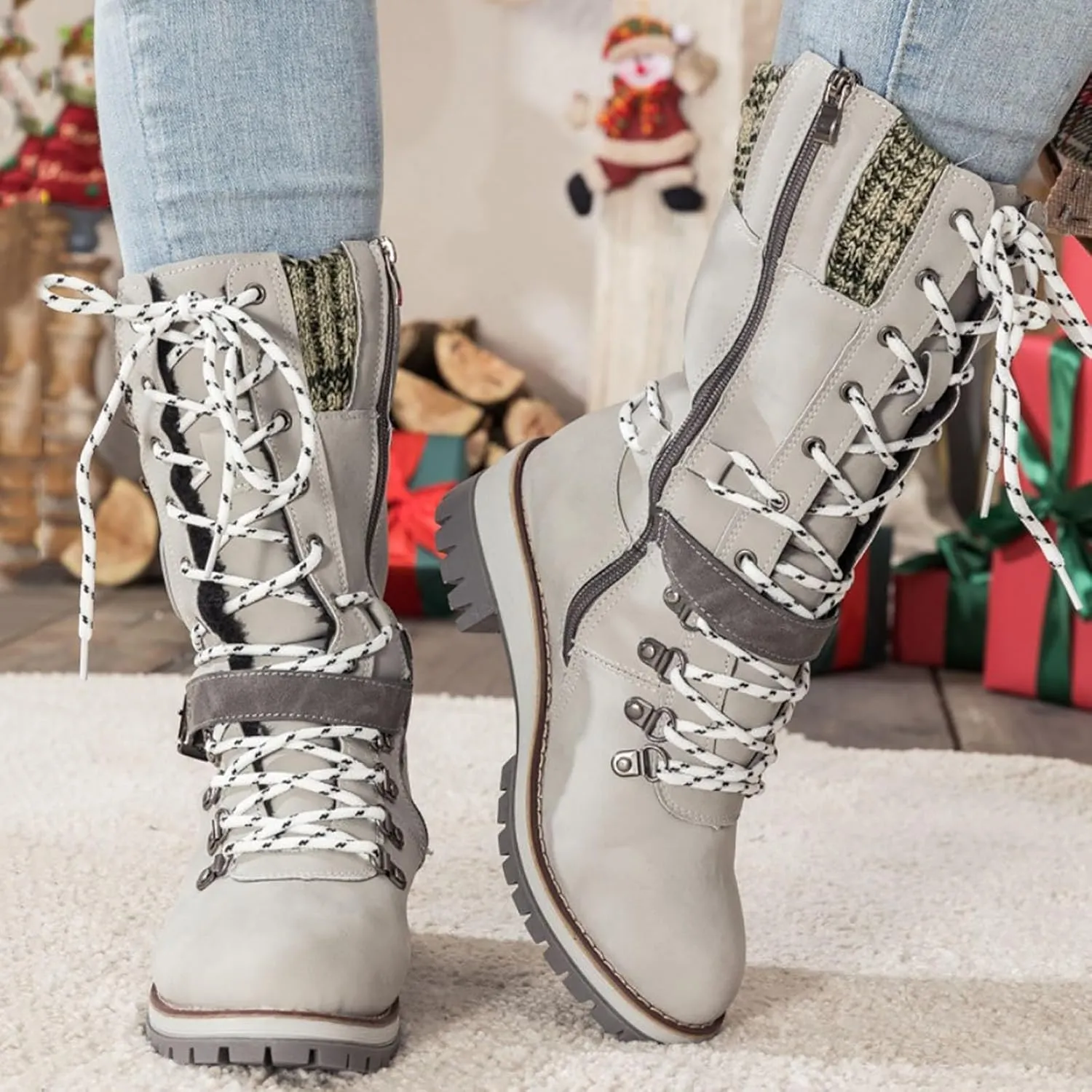 Women's Winter Warm Boots Fashion Belt Square Heel Snow Boots Lace Up Mid Tube Boots Outdoor Walking Shoe Insole Pad