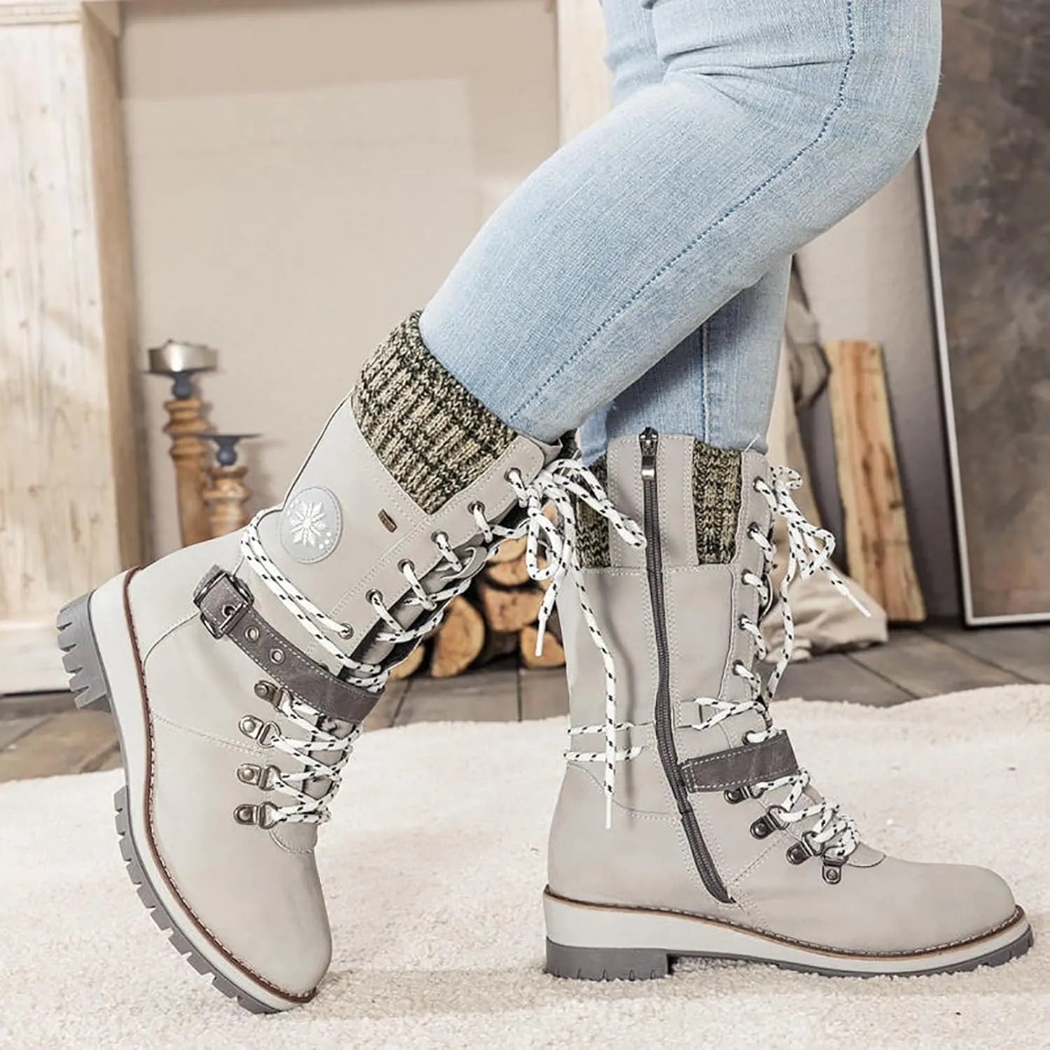 Women's Winter Warm Boots Fashion Belt Square Heel Snow Boots Lace Up Mid Tube Boots Outdoor Walking Shoe Insole Pad