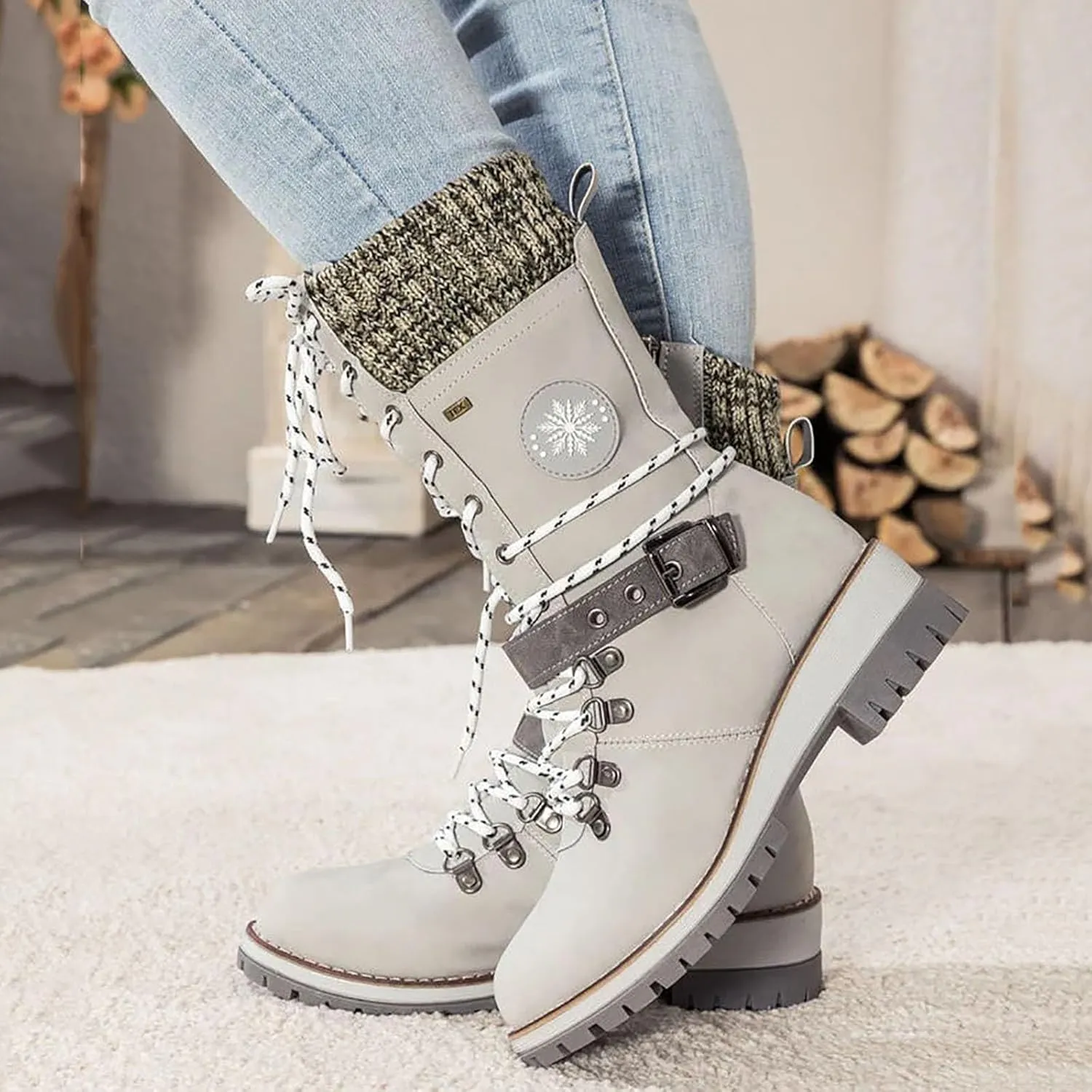 Women's Winter Warm Boots Fashion Belt Square Heel Snow Boots Lace Up Mid Tube Boots Outdoor Walking Shoe Insole Pad