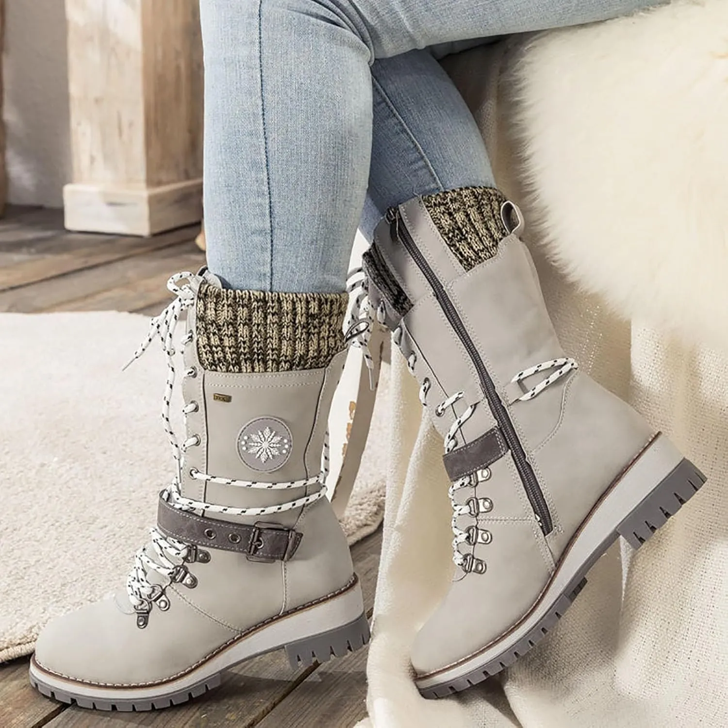 Women's Winter Warm Boots Fashion Belt Square Heel Snow Boots Lace Up Mid Tube Boots Outdoor Walking Shoe Insole Pad