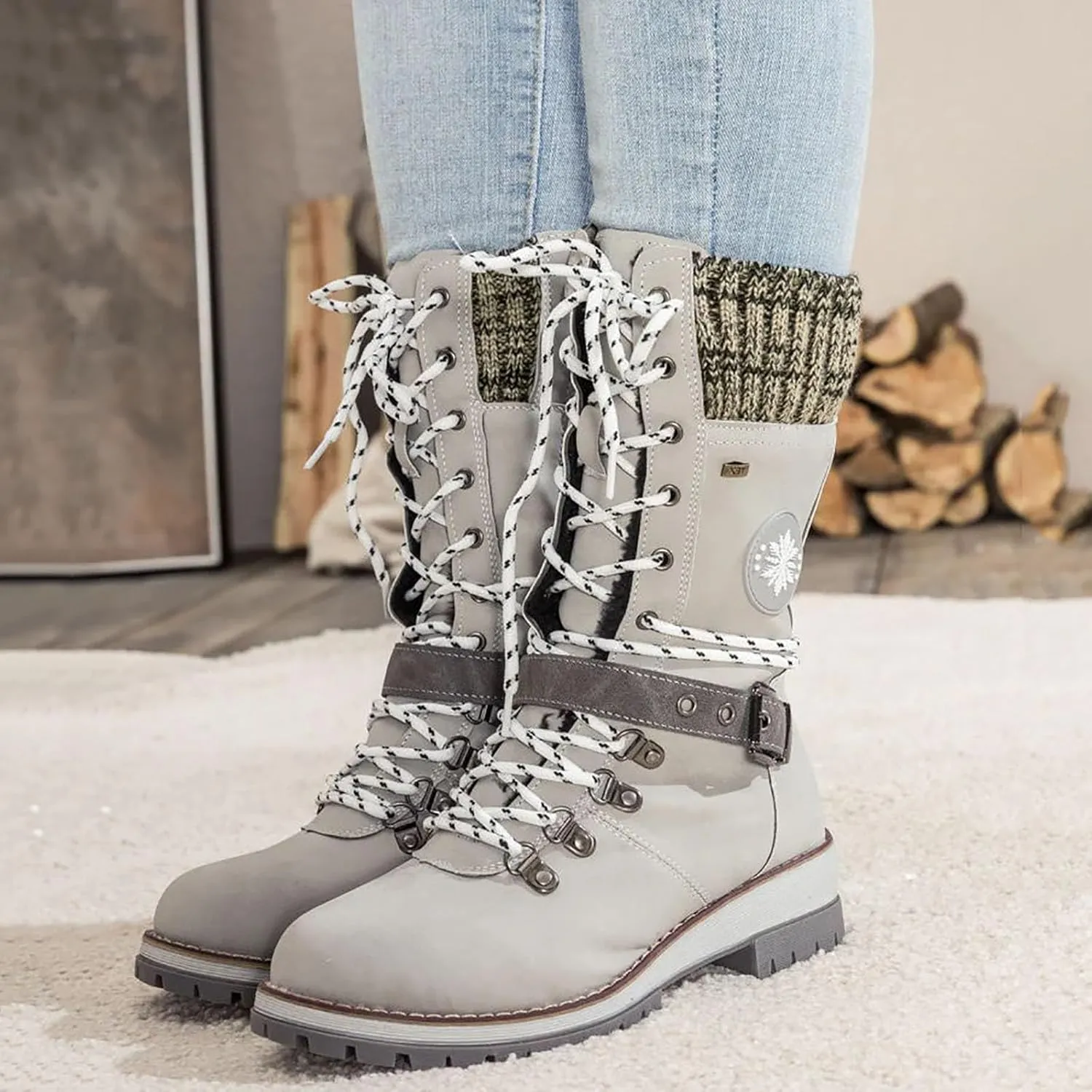 Women's Winter Warm Boots Fashion Belt Square Heel Snow Boots Lace Up Mid Tube Boots Outdoor Walking Shoe Insole Pad