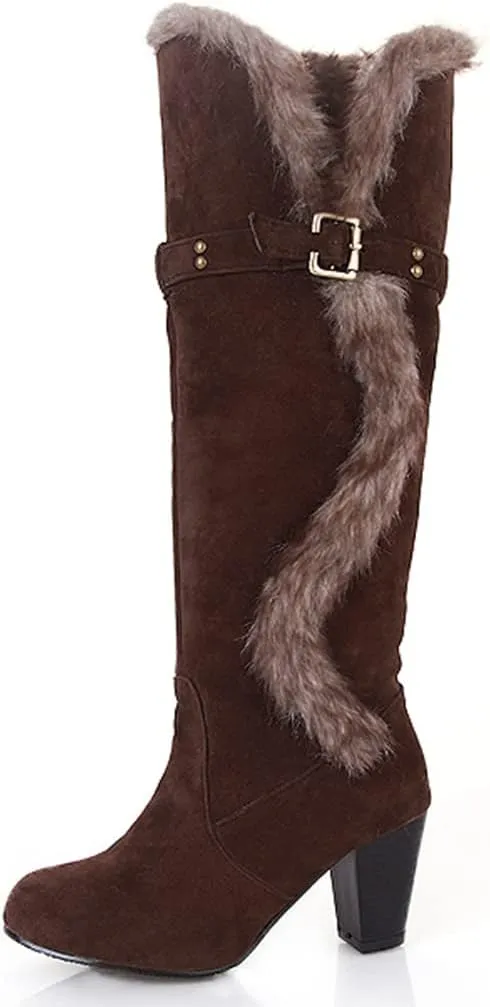 Women's Winter Warm Furry Knee High Snow Boots Tall Pull On High Heel Fur Lined Wide Calf Snow Boot