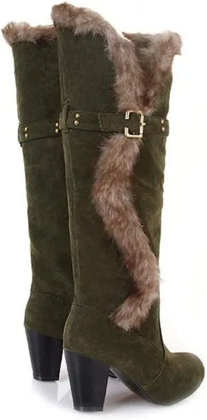 Women's Winter Warm Furry Knee High Snow Boots Tall Pull On High Heel Fur Lined Wide Calf Snow Boot