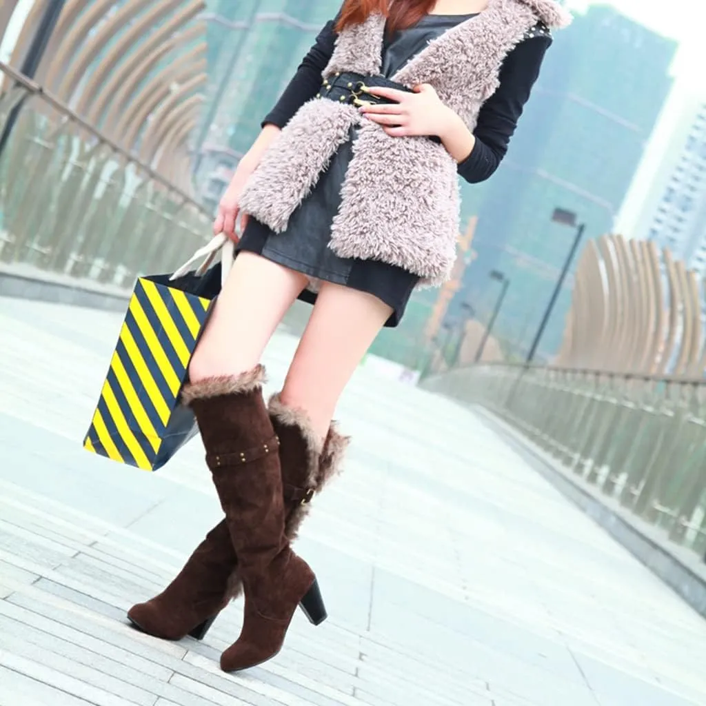 Women's Winter Warm Furry Knee High Snow Boots Tall Pull On High Heel Fur Lined Wide Calf Snow Boot