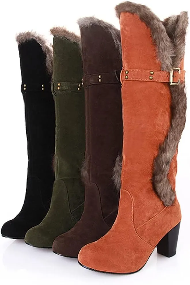 Women's Winter Warm Furry Knee High Snow Boots Tall Pull On High Heel Fur Lined Wide Calf Snow Boot