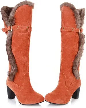 Women's Winter Warm Furry Knee High Snow Boots Tall Pull On High Heel Fur Lined Wide Calf Snow Boot