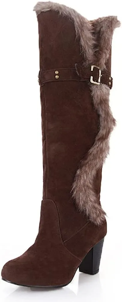 Women's Winter Warm Furry Knee High Snow Boots Tall Pull On High Heel Fur Lined Wide Calf Snow Boot