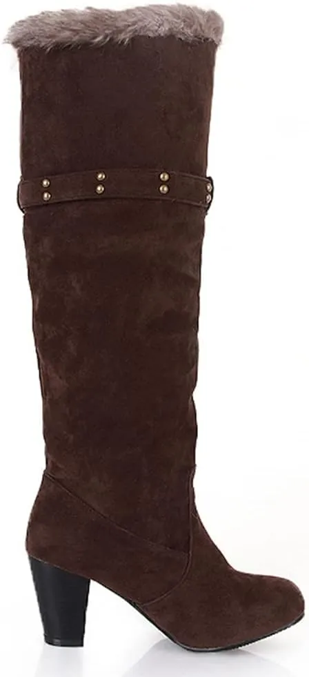 Women's Winter Warm Furry Knee High Snow Boots Tall Pull On High Heel Fur Lined Wide Calf Snow Boot