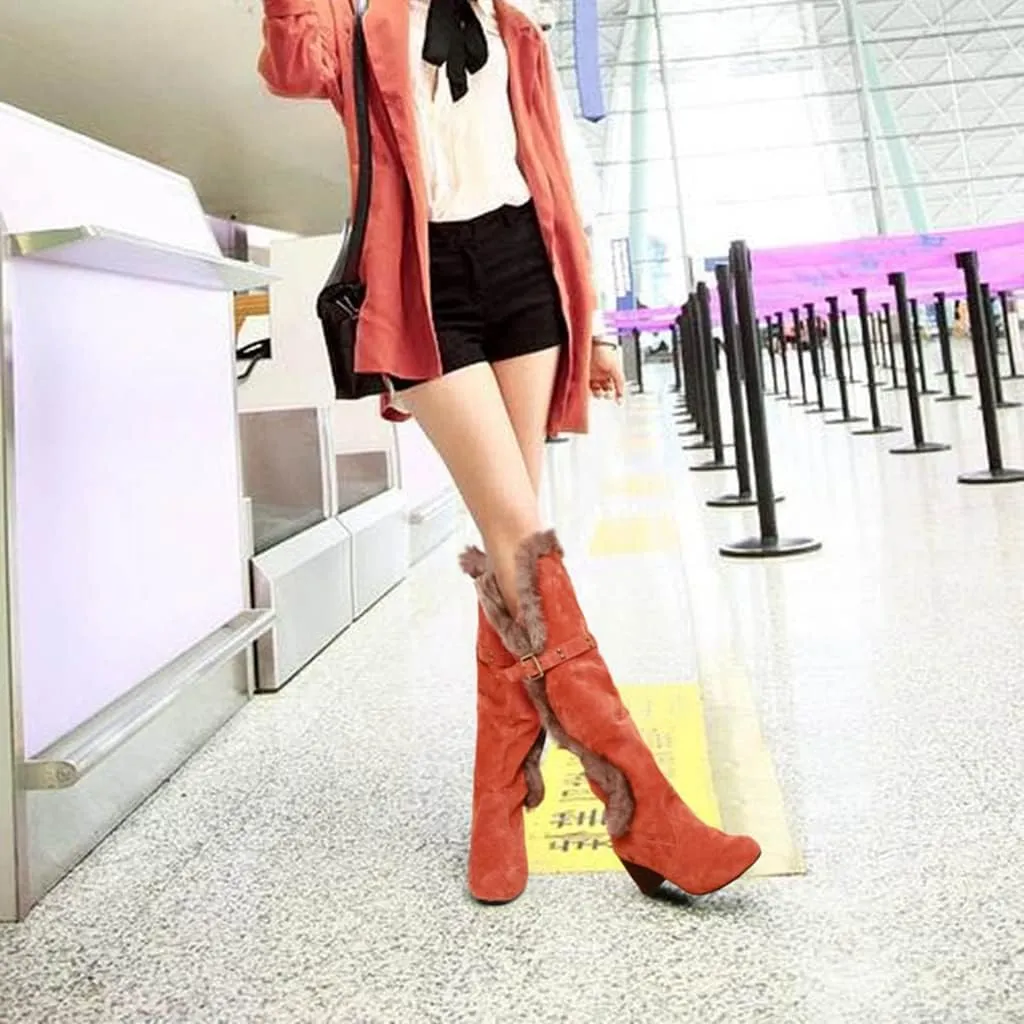 Women's Winter Warm Furry Knee High Snow Boots Tall Pull On High Heel Fur Lined Wide Calf Snow Boot