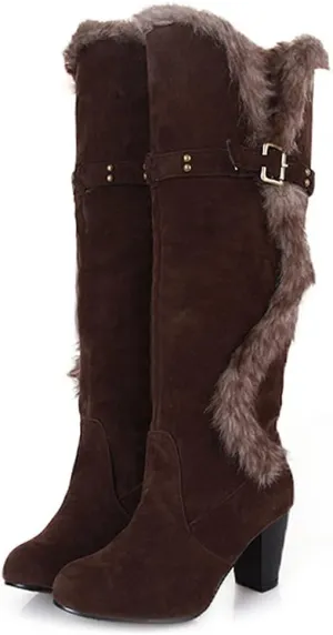Women's Winter Warm Furry Knee High Snow Boots Tall Pull On High Heel Fur Lined Wide Calf Snow Boot