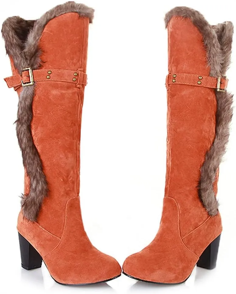 Women's Winter Warm Furry Knee High Snow Boots Tall Pull On High Heel Fur Lined Wide Calf Snow Boot