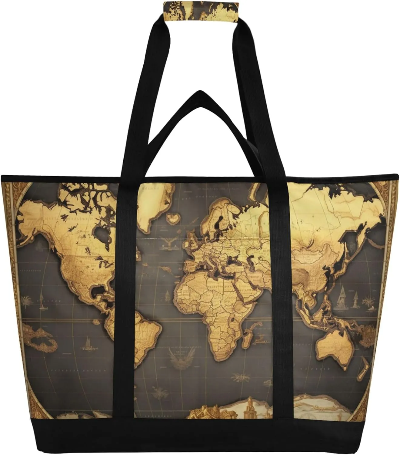 World Map Reusable Insulated Cooler Bag with Ice Pack Compartment - Large 47L Waterproof Thermal Grocery Tote for Picnic Beach Camping Lunch Storage