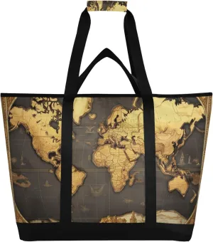 World Map Reusable Insulated Cooler Bag with Ice Pack Compartment - Large 47L Waterproof Thermal Grocery Tote for Picnic Beach Camping Lunch Storage