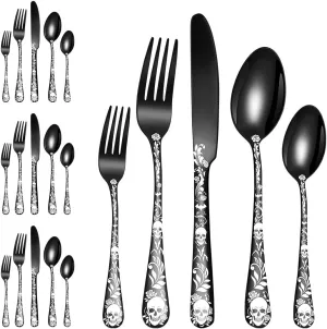 XIAOYU 20 Piece Halloween Skeleton Tableware Silverware Set, Metal Flatware Set Service for 4, Gothic Unique Skull Flower Pattern Design, Skeleton Utensil Cutlery Set for Halloween Easter Christmas