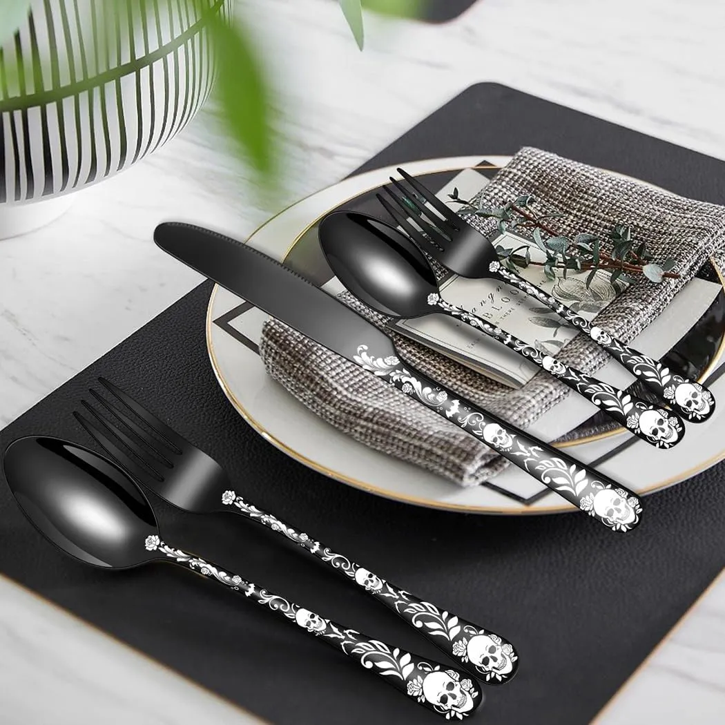 XIAOYU 20 Piece Halloween Skeleton Tableware Silverware Set, Metal Flatware Set Service for 4, Gothic Unique Skull Flower Pattern Design, Skeleton Utensil Cutlery Set for Halloween Easter Christmas