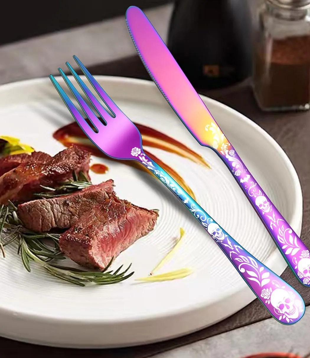 XIAOYU 20 Piece Halloween Skeleton Tableware Silverware Set, Metal Flatware Set Service for 4, Gothic Unique Skull Flower Pattern Design, Skeleton Utensil Cutlery Set for Halloween Easter Christmas