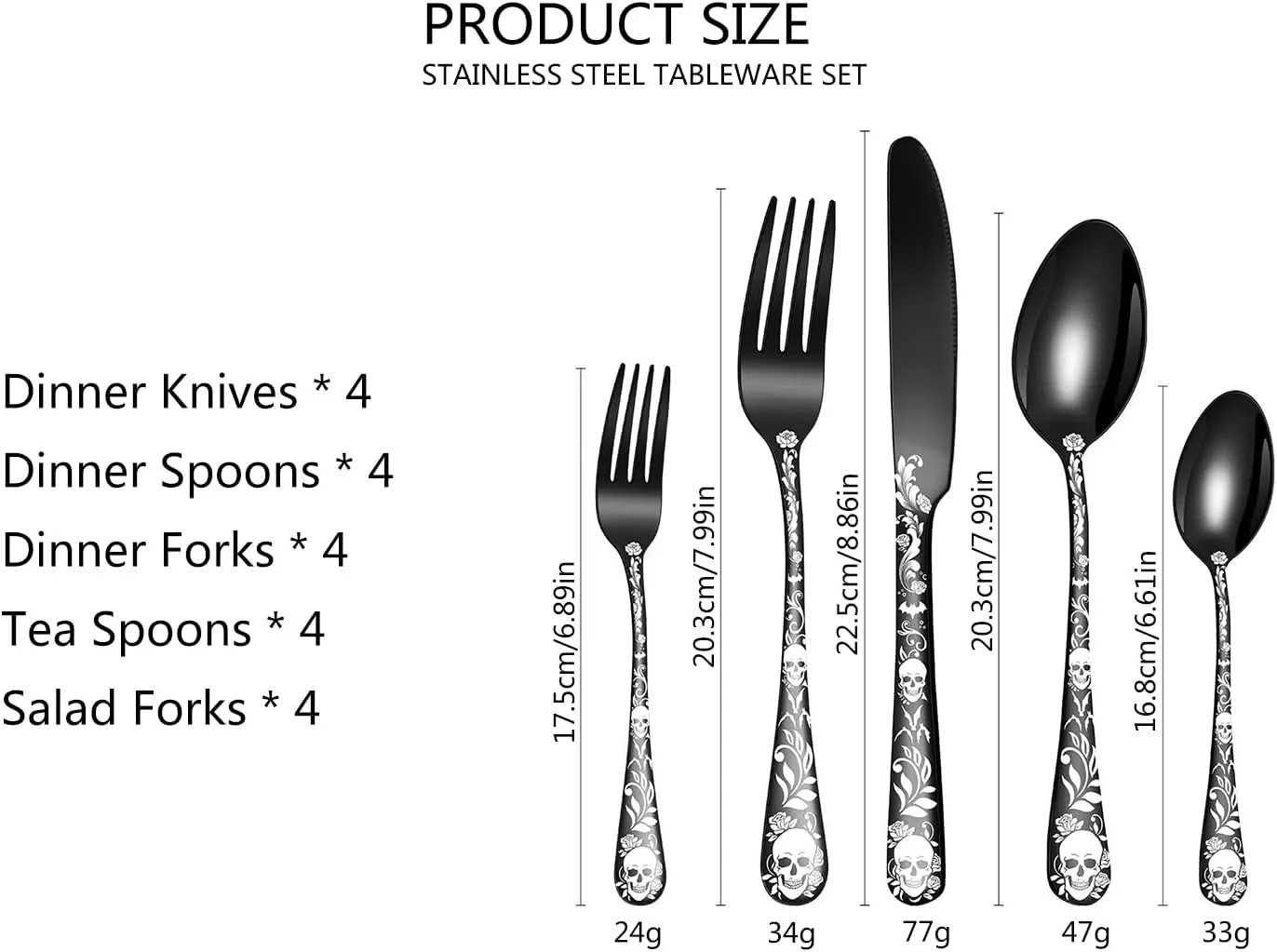 XIAOYU 20 Piece Halloween Skeleton Tableware Silverware Set, Metal Flatware Set Service for 4, Gothic Unique Skull Flower Pattern Design, Skeleton Utensil Cutlery Set for Halloween Easter Christmas