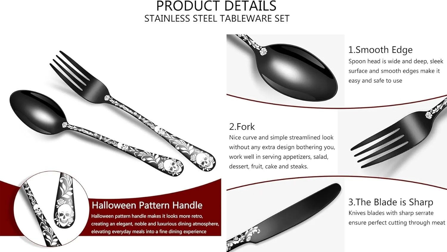 XIAOYU 20 Piece Halloween Skeleton Tableware Silverware Set, Metal Flatware Set Service for 4, Gothic Unique Skull Flower Pattern Design, Skeleton Utensil Cutlery Set for Halloween Easter Christmas