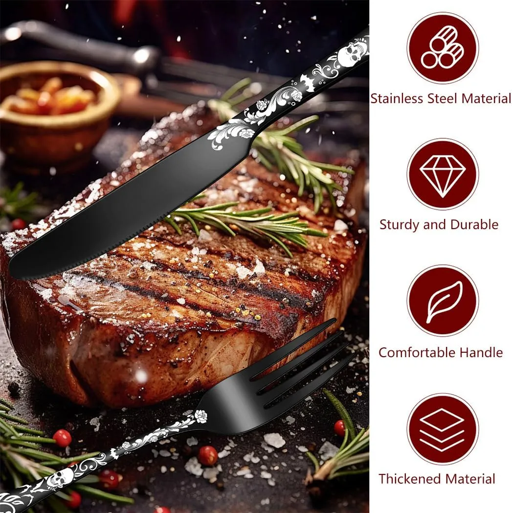 XIAOYU 20 Piece Halloween Skeleton Tableware Silverware Set, Metal Flatware Set Service for 4, Gothic Unique Skull Flower Pattern Design, Skeleton Utensil Cutlery Set for Halloween Easter Christmas
