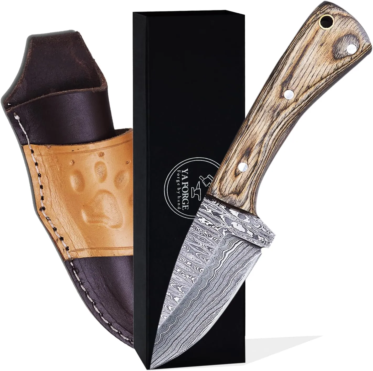 YA FORGE-7-inch hunting knife, Hand-forged Damascus Steel Survival Knife, Pakka wood Handel with Trapper pins bowie knife, 3-inch Fixed Blade with Leather Sheath for Camping, Hiking, Survival, tatical
