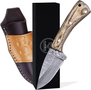 YA FORGE-7-inch hunting knife, Hand-forged Damascus Steel Survival Knife, Pakka wood Handel with Trapper pins bowie knife, 3-inch Fixed Blade with Leather Sheath for Camping, Hiking, Survival, tatical