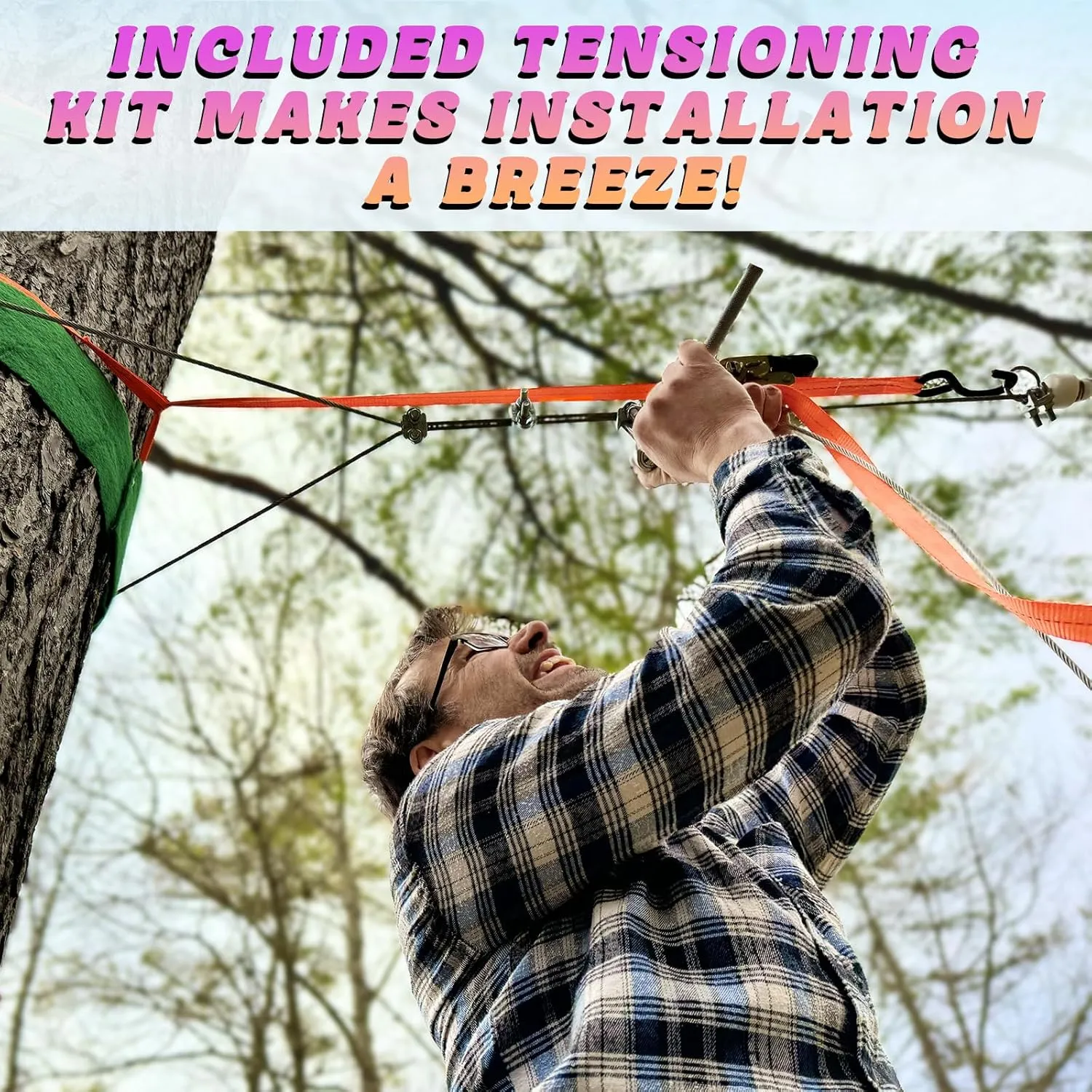 Zipline for Backyard Kids and Adults, Zipline Kit with Stainless Steel Spring Brake, Cable Tensioning Kit, Safety Harness, 2 Tree Protectors and Full Set of Zip Line Accessories with 1/4 inch Cable