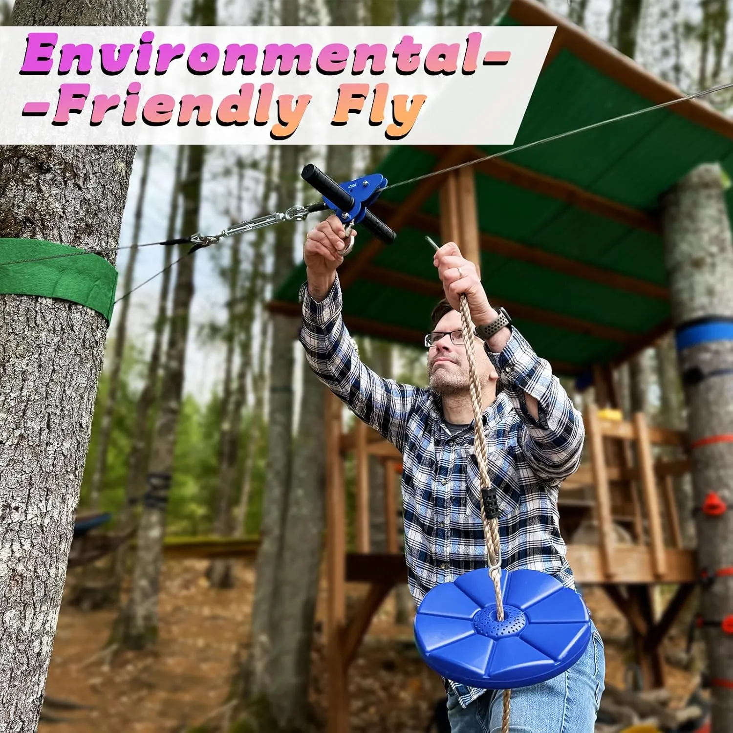Zipline for Backyard Kids and Adults, Zipline Kit with Stainless Steel Spring Brake, Cable Tensioning Kit, Safety Harness, 2 Tree Protectors and Full Set of Zip Line Accessories with 1/4 inch Cable