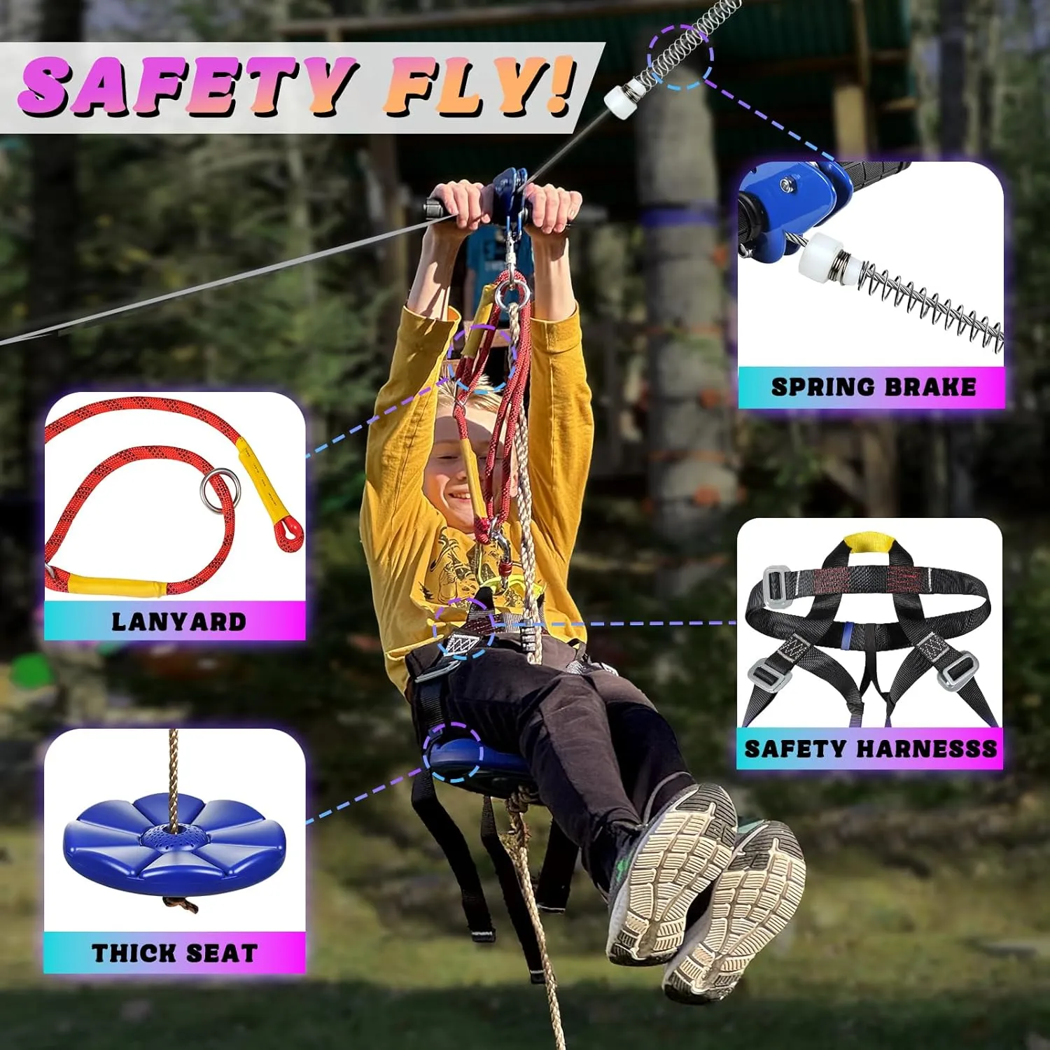 Zipline for Backyard Kids and Adults, Zipline Kit with Stainless Steel Spring Brake, Cable Tensioning Kit, Safety Harness, 2 Tree Protectors and Full Set of Zip Line Accessories with 1/4 inch Cable