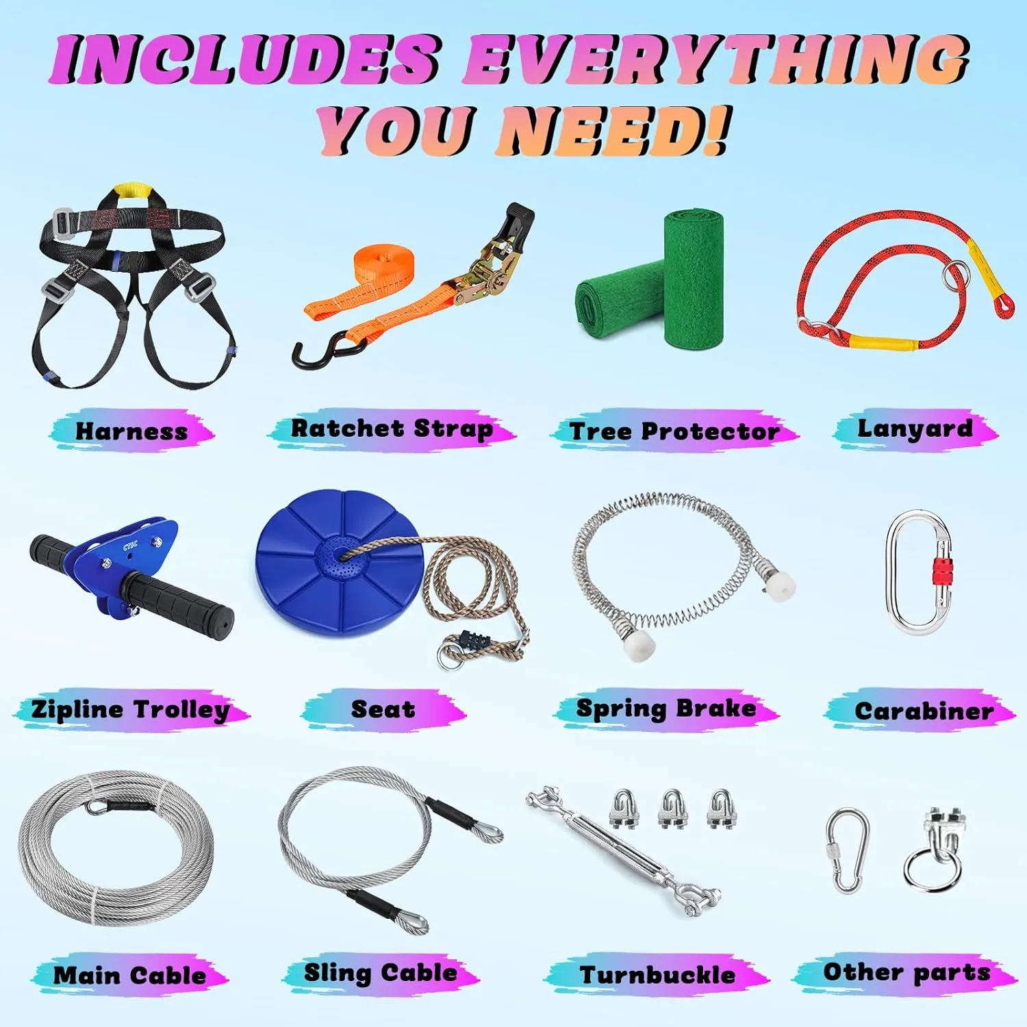 Zipline for Backyard Kids and Adults, Zipline Kit with Stainless Steel Spring Brake, Cable Tensioning Kit, Safety Harness, 2 Tree Protectors and Full Set of Zip Line Accessories with 1/4 inch Cable