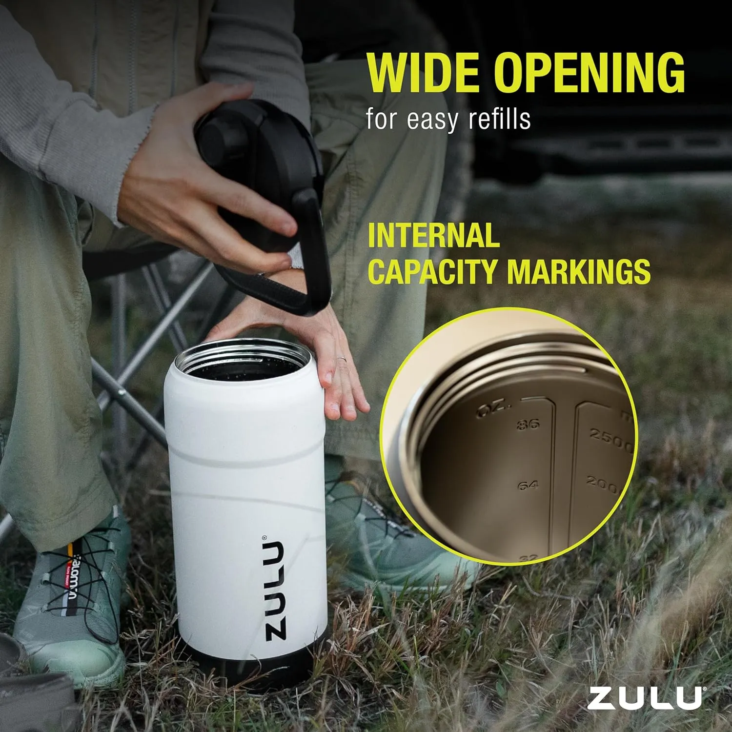 ZULU Goals Vacuum Insulated Large Capacity Stainless Steel Water Bottle | Reusable Jug Thermoses with Carry Handle | Leak-Proof Lid | Perfect for Travel, Workout, Gym, Hiking, Camping | 64oz, 101oz