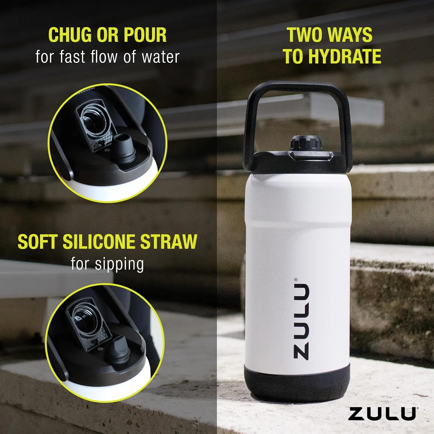ZULU Goals Vacuum Insulated Large Capacity Stainless Steel Water Bottle | Reusable Jug Thermoses with Carry Handle | Leak-Proof Lid | Perfect for Travel, Workout, Gym, Hiking, Camping | 64oz, 101oz